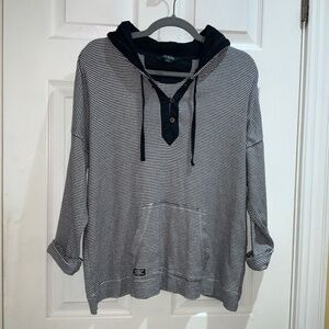 Lauren Ralph Lauren black white striped cotton 1/4 button hooded pullover Sz XL